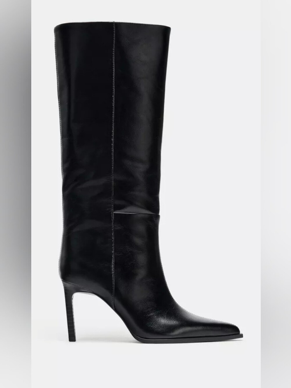 NWT Zara Women's Black Real Leather Knee High Boots - Pointed Toe Stiletto Heel - Picture 4 of 12